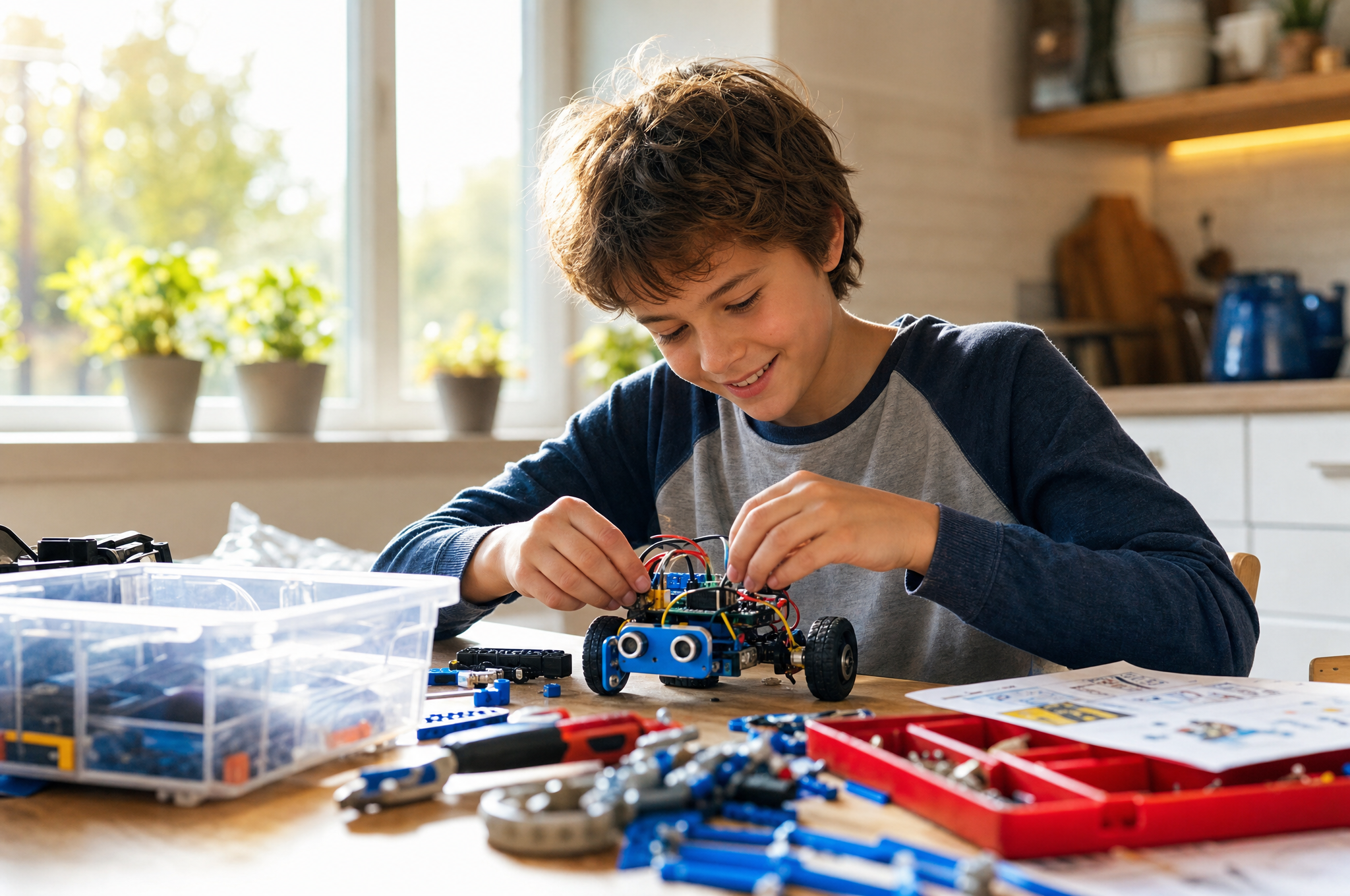 Kid assembling a robotics kit