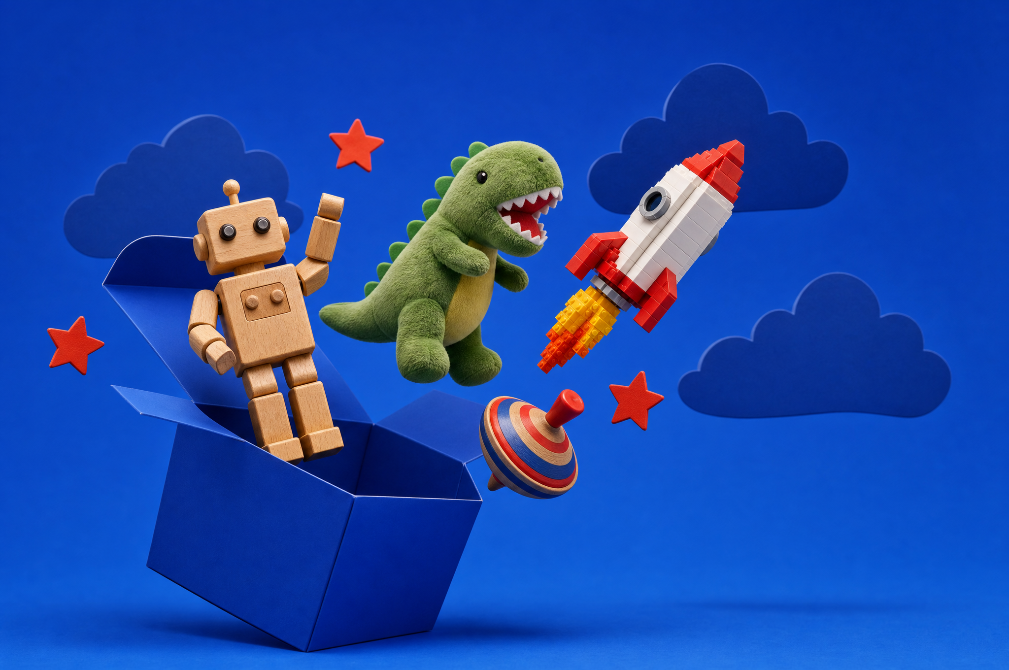Toys leaping out of a ToyScout box